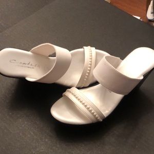 White shoes with pearls. 4 inch wedge heels. Never worn.